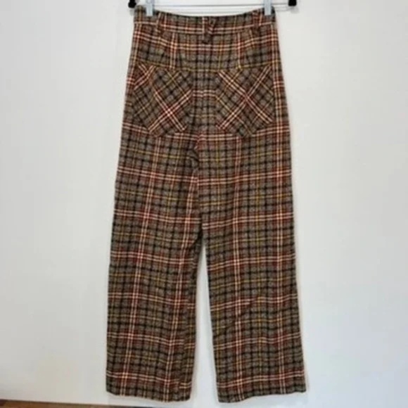 FREE PEOPLE HIGH RISE BROWN PLAID WIDE LEG TROUSER PANTS 6 - Picture 2 of 6